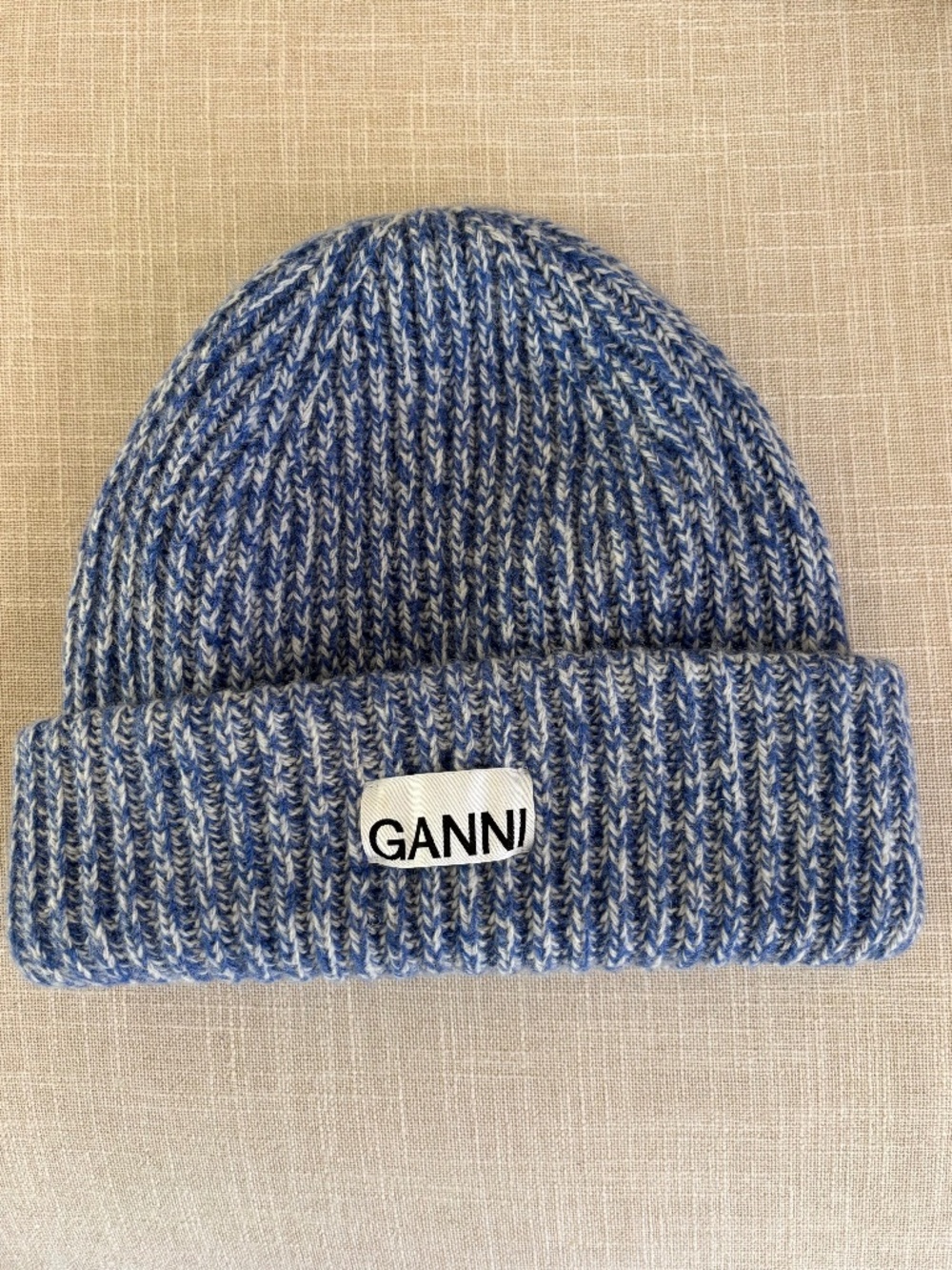 Ganni Blue and White Knit Beanie